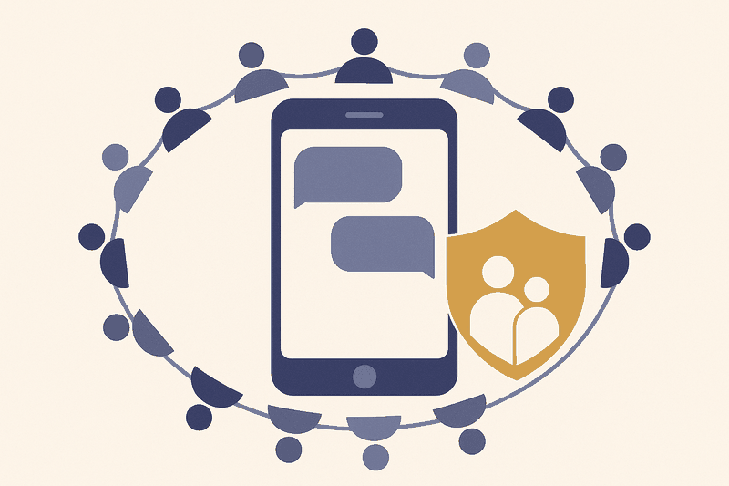 Illustration: a circle of people around a phone showing a conversation