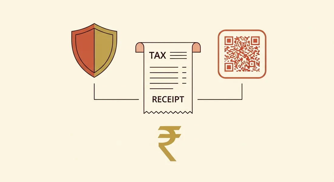 Infographic: tax receipts, a security shield and QR verification for Indian compliance
