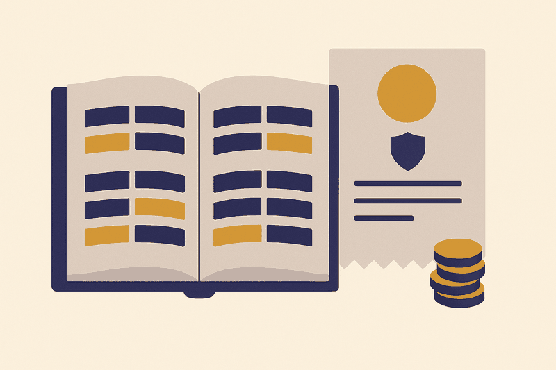 Illustration: an open ledger book beside a receipt and a stack of coins