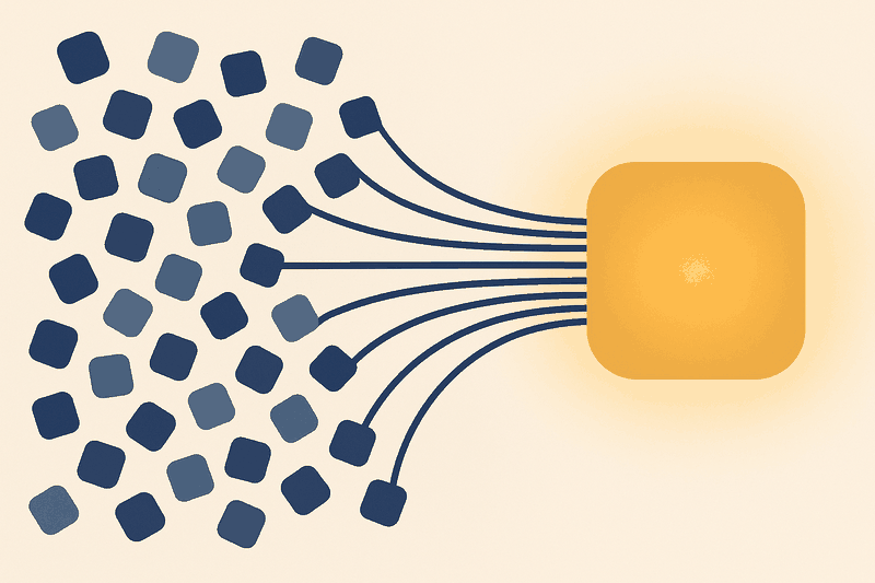 Illustration: many scattered tiles converging into one