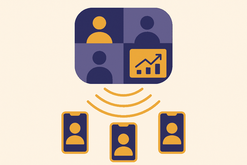 Illustration: a video call grid broadcasting to several phones